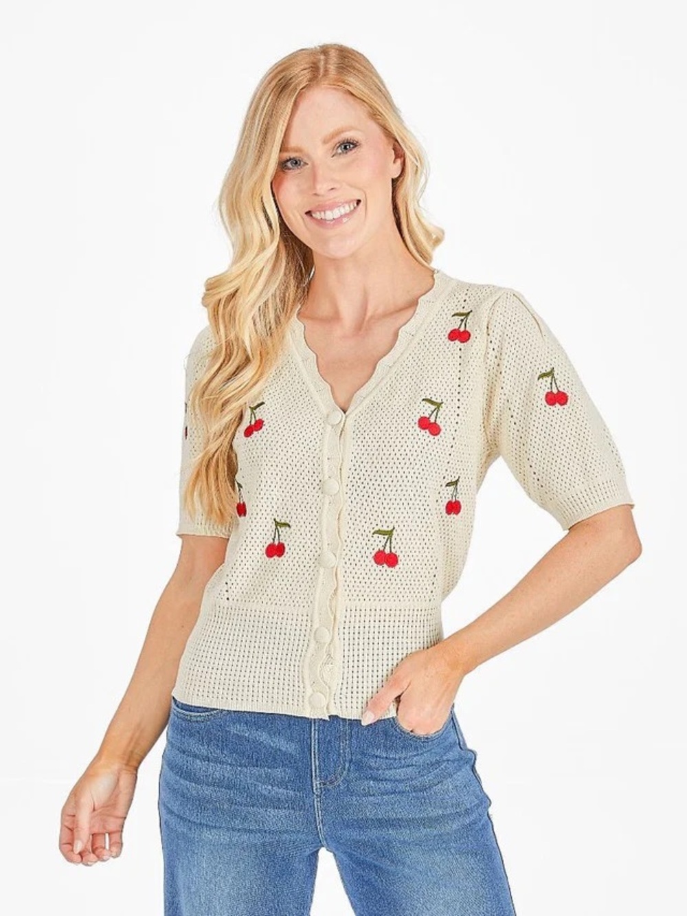 Simply Southern Size L Cream Short Sleeve Cardigan With Cherries Viscose Blend